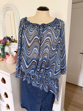 MXM Wavy Print Blue Off-Shoulder Peasant Blouse